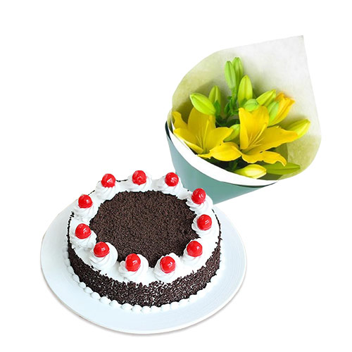 Black Forest with Yellow Lily Bouquet