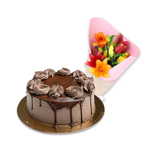 Chocolate Cake with Mix Lily Bouquet