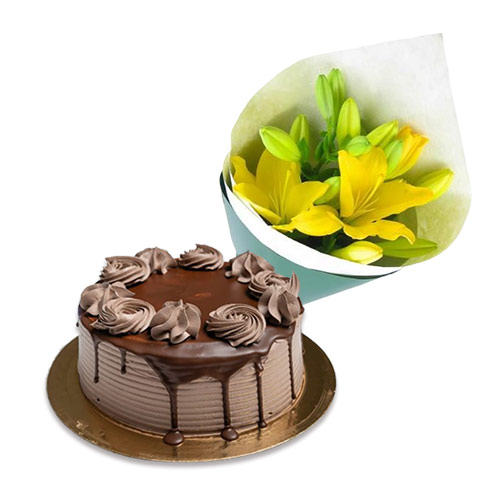 Chocolate Cake with Yellow Lily Bouquet