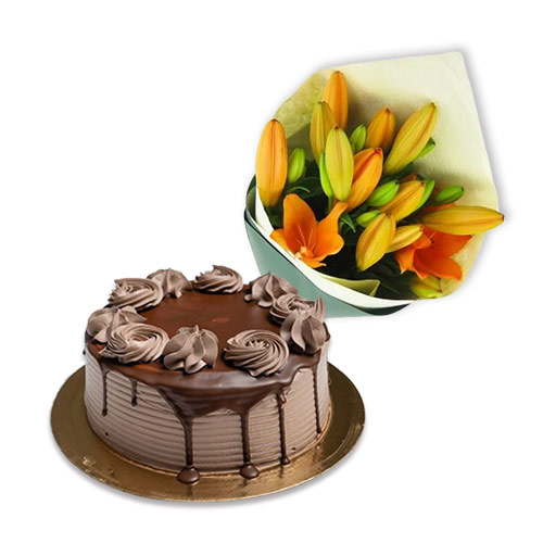 Chocolate Cake with Yellow Orange Lily Bouquet