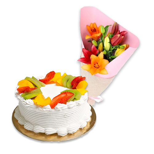 Fruit Cake with Mix Lily Bouquet