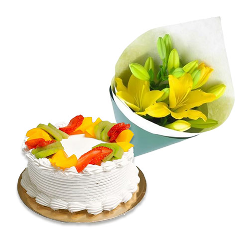 Fruit Cake with Yellow Lily Bouquet