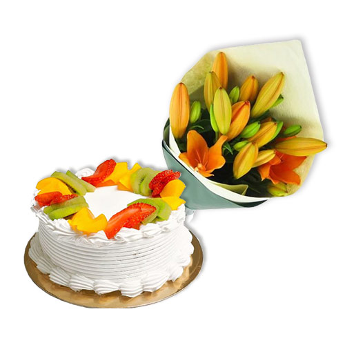 Fruit Cake with Yellow Orange Lily Bouquet