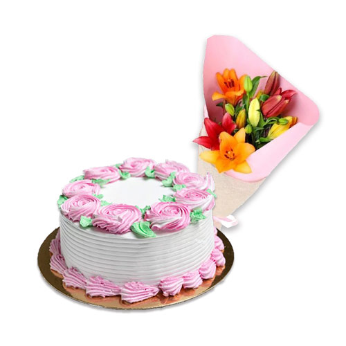 Vanilla Cake with Mix Lily Bouquet