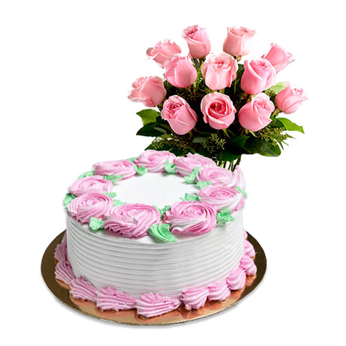 Vanilla Cake with Pink Roses