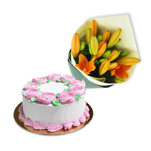 Vanilla Cake with Yellow Orange Lily Bouquet