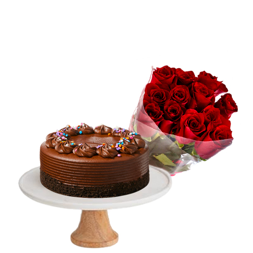 Red Roses with Chocolate Cake