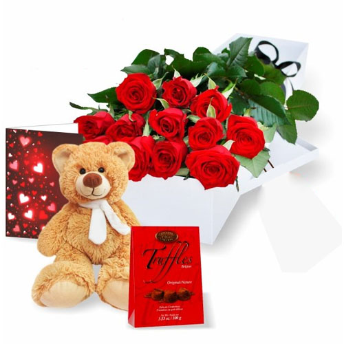 Rose Gift Box with Teddy Bear Chocolate